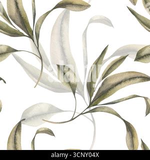 Motif sans couture floral de verdure avec des branches exotiques de feuilles illustration aquarelle. Fond botanique dessiné à la main avec des feuilles tropicales fraîches pour W. Banque D'Images