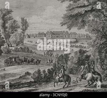 France. Arrivée du roi Louis XIV (1638-1715), précédé de sa garde, à l'ancien château de Versailles. Gravure de Huyot d'après une peinture du peintre flamand Adam Frans van der Meulen (1632-1690), gravée par Adrien François Baudouin (Adriaen Frans Boudewyns) (1644-1719), 1685. Détail. XVIIe siècle : lettres, sciences et arts, France 1590-1700 (XVIIe siècle : lettres, sciences et arts), par Paul Lacroix. Publié à Paris par librairie de Firmin-Didot et Cie, 1882. Banque D'Images