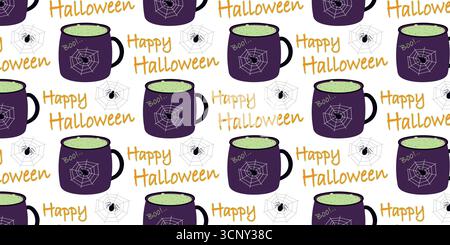 Potion de sorcière dans la tasse avec Spider Cobweb et lettres Boo sur elle et Happy Halloween texte Seamless fond. Illustration vectorielle isolée Halloween Greetings fond invitation ou bannière de fête, dépliants, prix Illustration de Vecteur