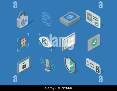 éléments d'icône isométrique isolés sur fond blanc, empreinte digitale, verrouillage, détail de l'empreinte, lecteur, id de la grille biométrique, accès à la vérification Illustration de Vecteur