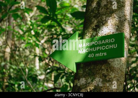 Panneau touristique à la maison des papillons Machu Picchu nichée dans la végétation vibrante de la forêt tropicale Banque D'Images