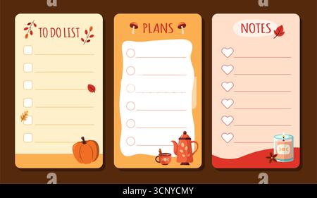 Une charmante illustration vectorielle avec un ensemble de trois jolis planificateurs sur le thème de l'automne conçus pour les notes. Chaque planificateur présente un charmant élément d'automne Illustration de Vecteur