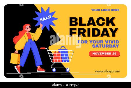 Bannière Web de solde vendredi fou 2024 29 novembre. Parfait pour les promotions, les publicités et les en-têtes de site Web. Comprend des designs vibrants avec des détails de vente et shoppi Illustration de Vecteur