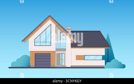 Illustration de maison moderne. Une illustration détaillée d'une maison moderne de deux étages avec de grandes fenêtres et un design élégant. Idéal pour l'immobilier, maison dec Illustration de Vecteur