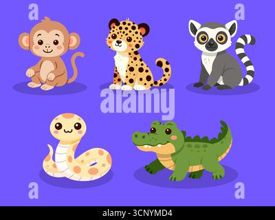 Ensemble de dessins animés vectoriels animaux mignons de la jungle Illustration de Vecteur