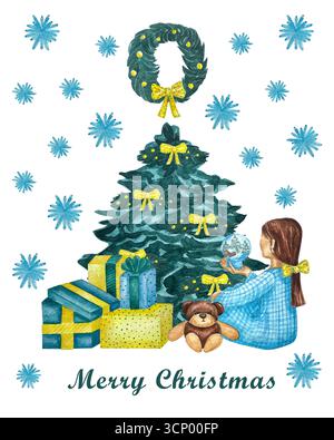 Carte de Noël aquarelle avec arbre de noël, couronne de noël, cadeaux et fille. Illustration aquarelle pour carte de voeux et invitation. Hiver h Banque D'Images
