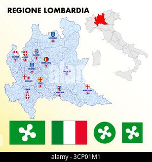 Lombardie, Italie, carte régionale et symboles de la région et des villes, illustration vectorielle Illustration de Vecteur
