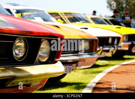 Ligne de magnifiques voitures musculées australiennes des années 1970. Banque D'Images