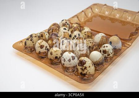 Oeufs de caille frais dans un récipient en plastique transparent sur fond blanc. Concept d'alimentation saine, d'aliments biologiques et de nutrition naturelle. Banque D'Images