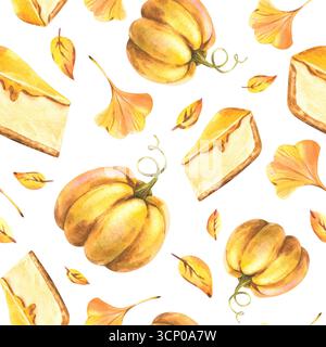 Motif sans couture avec citrouilles, cheesecake et feuilles d'automne dans des tons chauds de saison, créé comme une illustration d'aquarelle peinte à la main, parfait pour Banque D'Images