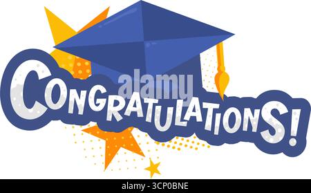 Félicitations lettrage avec chapeau de graduation - illustration vectorielle Illustration de Vecteur