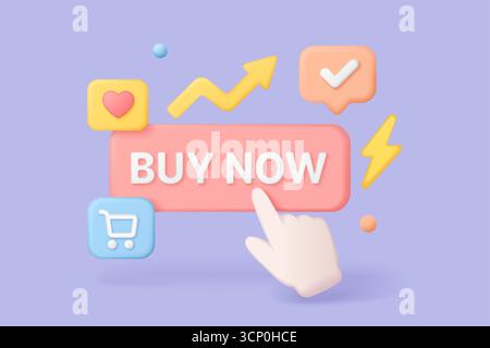 Bouton acheter maintenant dans le style 3D avec curseur à main, panier, cœur, coche et icônes de flèche pour le marketing de commerce électronique et l'illustration vectorielle de conversion de site Web Illustration de Vecteur
