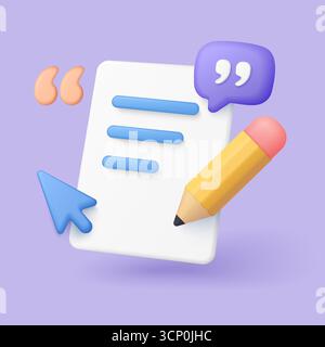 Concept créatif de copywriting 3D montrant un crayon, un document, un curseur et des guillemets pour la création de contenu, l'écriture, le marketing et la communication sur une illustration vectorielle de fond violet Illustration de Vecteur
