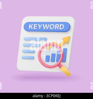 Icône colorée d'analyse de mot-clé 3D avec loupe, graphique à barres et flèche vers le haut sur fond blanc isolé pour l'illustration vectorielle de concepts SEO, marketing et analytique Illustration de Vecteur
