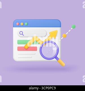 Suivi coloré du classement des moteurs de recherche 3D avec loupe, flèche vers le haut et analyse pour la surveillance des performances SEO sur fond violet Illustration de Vecteur
