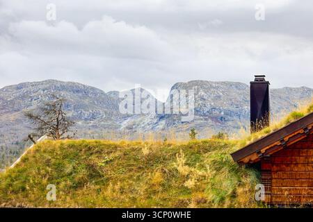 Paysage de montagne captivant avec une cabane en bois et des collines herbeuses, entouré de sommets majestueux sous un ciel nuageux, créant un extérieur serein Banque D'Images