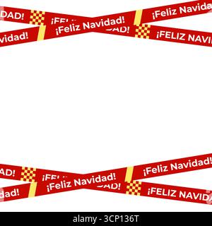Ruban Feliz Navidad avec motifs décoratifs rouges et jaunes dans un style de rayures d'avertissement. Idéal pour l'emballage de Noël, emballage cadeau, étiquettes de vacances, Web Illustration de Vecteur