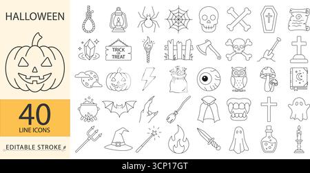 Un ensemble d'icônes de ligne d'halloween dans un style minimaliste avec trait modifiable. Collection de fête effrayante, éléments graphiques d'horreur, tour effrayant ou friandise Illustration de Vecteur