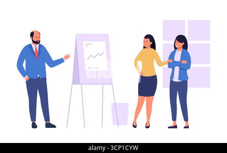 Équipe d’affaires analysant les rapports financiers et les investissements, avec un gestionnaire présentant des statistiques croissantes sur un tableau de conférence lors d’une réunion au bureau Illustration de Vecteur