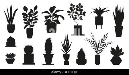 Plusieurs silhouettes noires de plantes d'intérieur de différentes espèces poussant dans des pots de différentes formes, pour la décoration de bureau ou de maison, créant un moderne Illustration de Vecteur