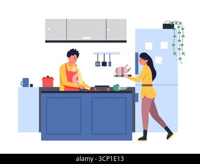 Jeune homme souriant et femme cuisinent ensemble dans une cuisine domestique, il s coupe des légumes tandis qu'elle s tient une assiette avec un rôti entier Illustration de Vecteur
