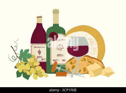 Dégustation de vin nature morte avec un verre de vin rouge, deux bouteilles, un bouquet de raisins, un morceau de fromage avec des olives, quelques cubes de fromage et un tire-bouchon Illustration de Vecteur