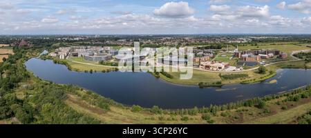 Vue aérienne panoramique de l'Université de York, Campus East, Heslington, York, Royaume-Uni. Banque D'Images