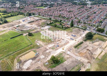 Vue aérienne du nouveau site de développement de Knights Gate York, un nouveau développement de Barratt Homes sur New Lane, Huntington, Yorkshire, Royaume-Uni. Banque D'Images