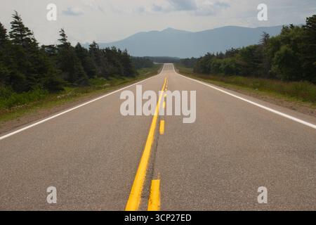 Route s'étendant vers des montagnes lointaines sous un ciel nuageux dans un parc national du gros Morne de Terre-Neuve Banque D'Images