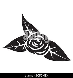 Silhouette noire de rose pour votre design. Fleur stylisée avec des feuilles. Illustration vectorielle isolée sur fond blanc. Illustration de Vecteur