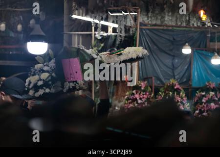 Mexique, CDMX, Mexique. 23 septembre 2025. Le marché le plus important spécialisé dans les fleurs de toutes sortes est le marché jamaïcain, situé à Mexico. Aujourd'hui marque son 68e anniversaire et est l'un des principaux points de vente et de distribution de fleurs de divers états à travers le pays. Avec de la musique live et de la danse dans ses allées, les vendeurs, les employés et les clients célèbrent un autre anniversaire. Ce marché a ouvert ses portes en 1957 dans le cadre de la modernisation de la ville. Il a des racines préhispaniques, comme il était et continue d'être le centre de commerce de fleurs le plus important, relié à cette époque par des rivières ou CA Banque D'Images
