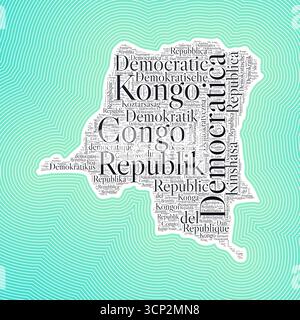 Forme DU DR Congo formée par le nom du pays en plusieurs langues. Frontière DU DR Congo sur fond dégradé rayé élégant. Affiche vibrante. Illustration de Vecteur