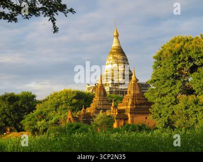 Tôt le matin, les rayons de l'aube projettent une douce lumière sur une pagode à Bagan, au Myanmar Banque D'Images
