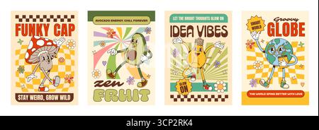 Groovy joyeuses affiches de personnages hippie avec champignon de dessin animé, terre, avocat et ampoule. Affiches de personnages vectoriels rétro y2k avec des fleurs hippie en Marguerite et un fond de motif psychédélique groovy Illustration de Vecteur