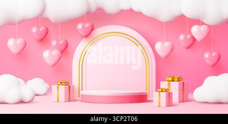 Scène podium rose 3d Valentine avec cadeaux et ballons de coeur, piédestal de vacances sur fond rose. Plate-forme circulaire vectorielle réaliste avec des accents d'or pour la célébration romantique ou la présentation festive Illustration de Vecteur