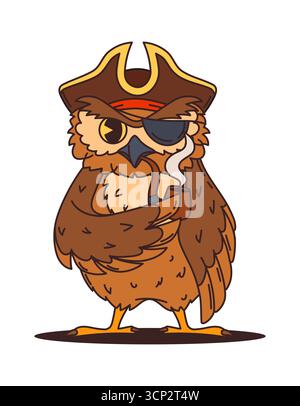 Pirate de hibou de dessin animé du personnage animal d'équipage de navire corsaire, personnage vectoriel. Hibou drôle dans le chapeau de capitaine tricorne cocté, cache-oeil marin et pipe à fumer comme corsaire des Caraïbes ou personnage marin Illustration de Vecteur