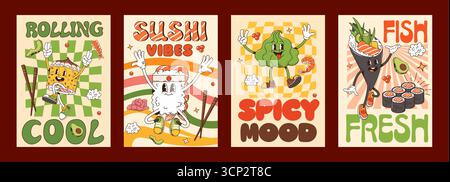 Des affiches de personnages groovy de sushis et rouleaux japonais présentant des personnages de dessins animés comme la boule de riz, le wasabi et le temaki avec des expressions ludiques et des baguettes favorisant des vibrations amusantes, fraîches et savoureuses Illustration de Vecteur