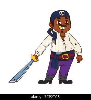 Personnage de dessin animé corsaire pirate en bandana avec crâne et épée, personnage asiatique ou africain vecteur. Marin pirate des Caraïbes ou corsaire de bateau et homme de filibuster avec épée de sabre et dent d'or Illustration de Vecteur