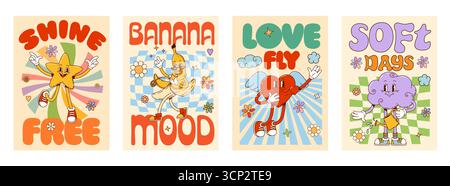 Des affiches de personnages hippies groovy, mettant en vedette une étoile rétro de dessin animé joyeuse, une banane, un cœur ailé et des personnages de l'an 2000 dans le nuage posant avec des expressions ludiques, célébrant la positivité, le plaisir et les humeurs fantastiques Illustration de Vecteur