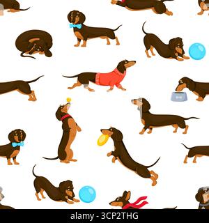 Motif sans couture de personnages de chien et chiot de teckel. Fond de tuile vectorielle avec des animaux de bande dessinée ludiques dans diverses poses, portant des chandails, des foulards et des noeuds papillon, interagissant avec des jouets et des bols de nourriture Illustration de Vecteur