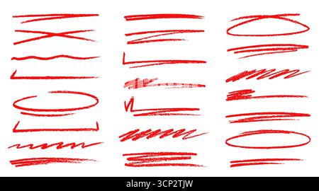 Doodle crayon rouge crayon dessiné à la main met en évidence et souligne l'ensemble de vecteurs de lignes. Croquis droits, pointillés, zigzag et courbes, tracés de marqueurs texturés et modèles de traits pour surligner le texte Illustration de Vecteur