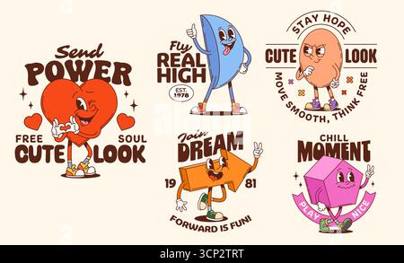 Des autocollants de personnages groovy de forme mathématique ou des t-shirts imprimés. Figures de dessin animé ludiques vectorielles avec des visages expressifs et des slogans originaux. Les figures géométriques rétro hippie y2k favorisent la joie, les émotions positives Illustration de Vecteur