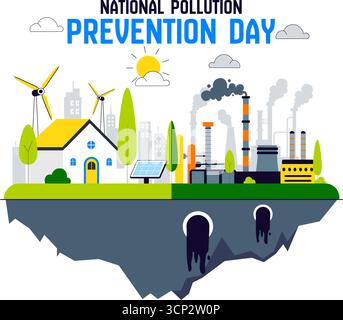 Illustration vectorielle de la Journée nationale de la prévention de la pollution pour la campagne de sensibilisation, présentant les émissions des usines, les dommages causés aux forêts et les problèmes de pollution des véhicules Illustration de Vecteur