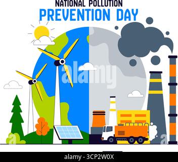 Illustration vectorielle de la Journée nationale de la prévention de la pollution pour la campagne de sensibilisation, présentant les émissions des usines, les dommages causés aux forêts et les problèmes de pollution des véhicules Illustration de Vecteur