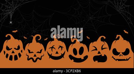 Citrouilles orange éclatantes avec toiles d'araignée et chauves-souris lors de la nuit sombre d'Halloween Illustration de Vecteur
