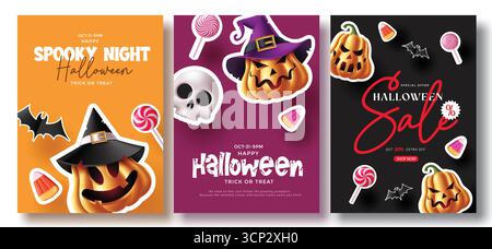 Spooky Night Halloween carte de voeux illustration vectorielle avec citrouille, chauve-souris et bonbons Illustration de Vecteur