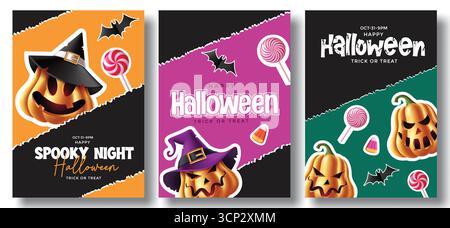 Ensemble vectoriel de carte de voeux d'Halloween effrayant avec citrouilles, sucettes, maïs bonbon et chauves-souris volantes Illustration de Vecteur