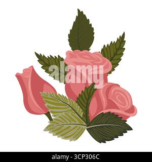 Une composition de roses roses poussiéreuses délicates, un bourgeon et des feuilles. Illustration vectorielle sur un fond blanc. Illustration de Vecteur
