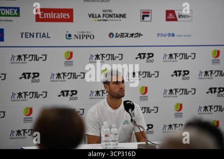Tokyo, Japon. 24 septembre 2025. Carlos Alcaraz lors de la conférence de presse et interagissant pour les questions de presse au Japon Open tennis tournoi ATP500 2025. Crédit : Ranjith Kumar/Alamy Live News Banque D'Images