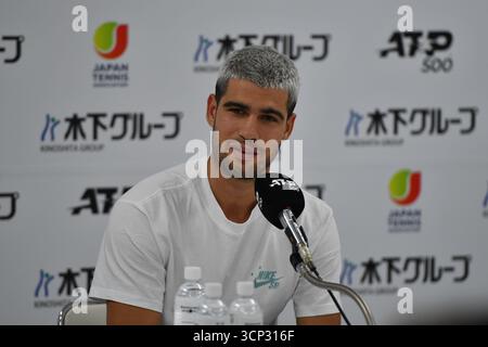 Tokyo, Japon. 24 septembre 2025. Carlos Alcaraz lors de la conférence de presse et interagissant pour les questions de presse au Japon Open tennis tournoi ATP500 2025. Crédit : Ranjith Kumar/Alamy Live News Banque D'Images